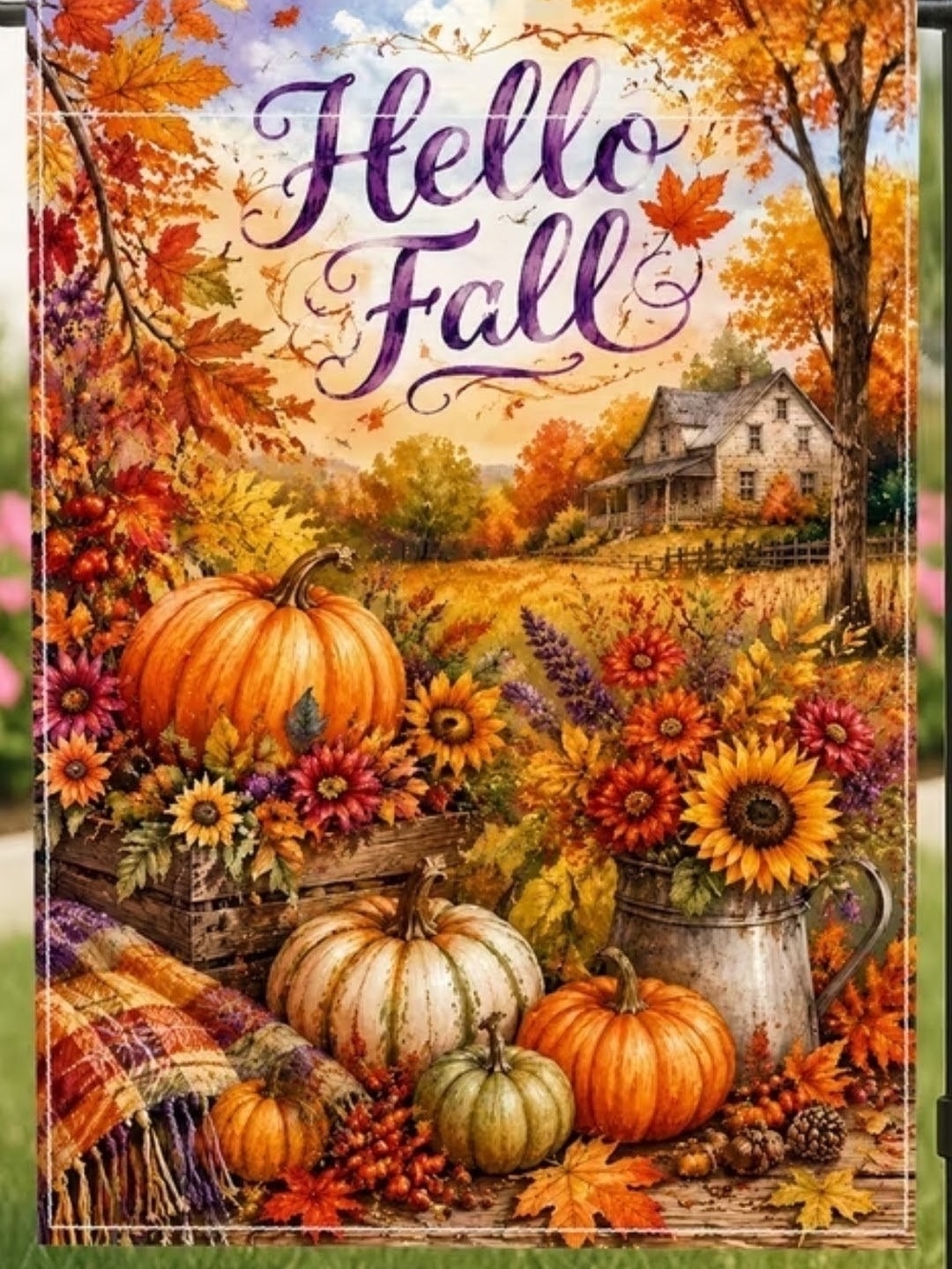 Gorgeous Hello Fall Pumpkin & Sunflower Garden Flag